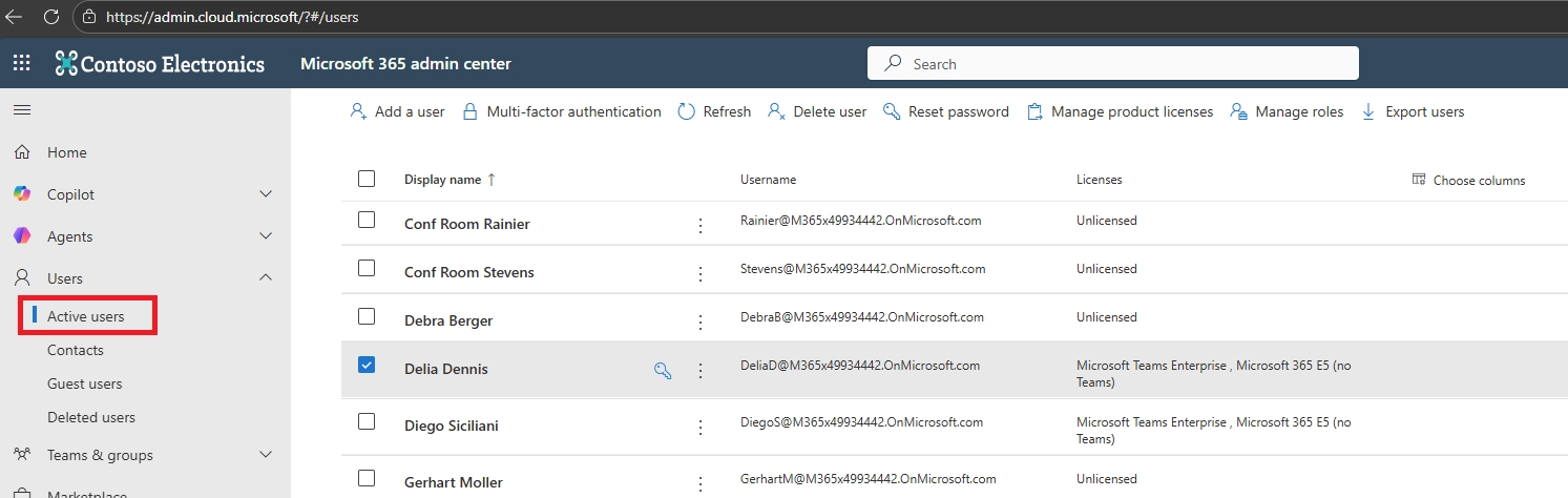 Microsoft 365 admin center showing the Active users list with a user selected.