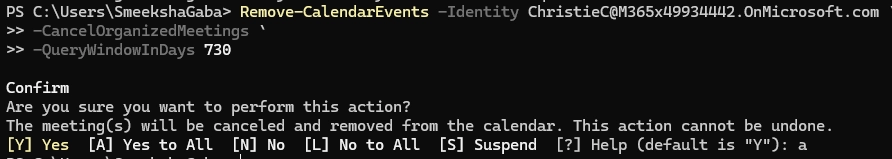 PowerShell command execution confirming bulk cancellation of meetings from a user’s calendar.