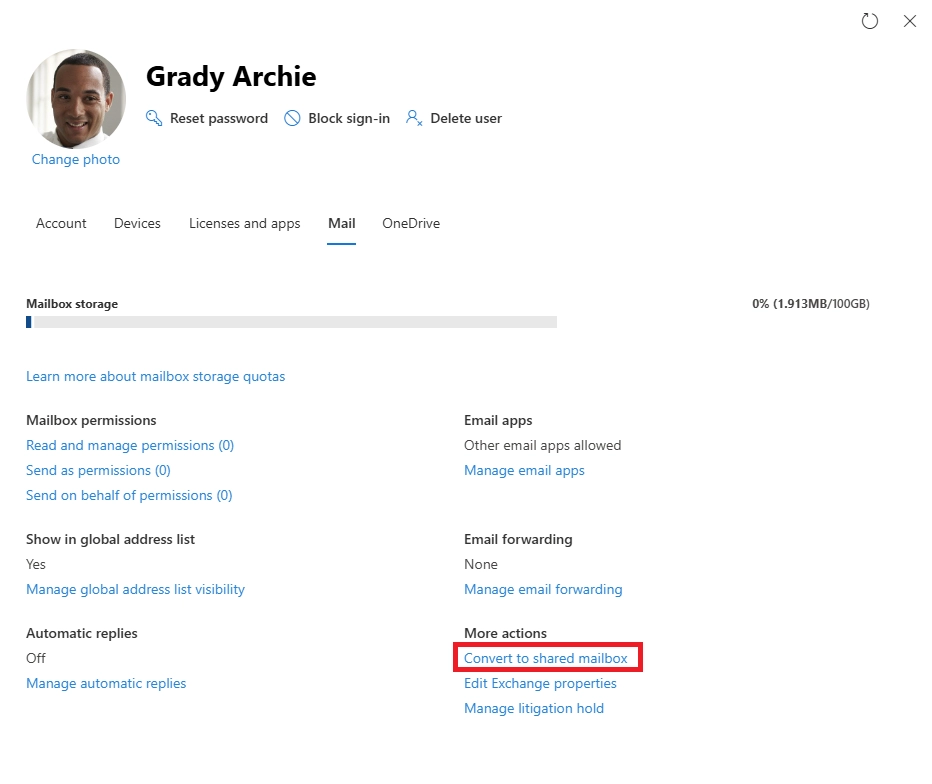 Microsoft 365 admin center user mailbox settings page showing the option to convert a user mailbox to a shared mailbox.