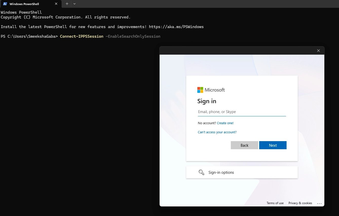 PowerShell window prompting an admin to sign in after initiating a compliance or security session connection.