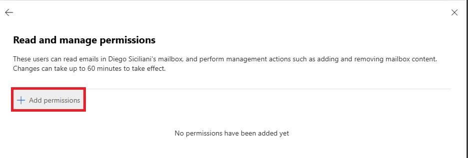 User selection screen used to assign mailbox permissions to another account.