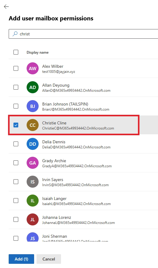 User selection screen used to assign mailbox permissions to another account.