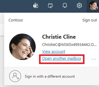 Outlook on the web profile menu highlighting the option to open another mailbox.