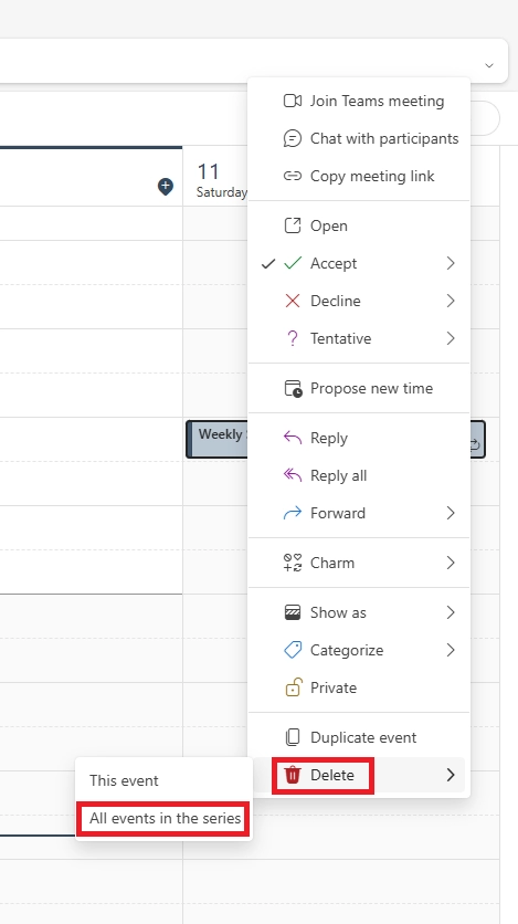 Outlook calendar context menu showing the option to delete all events in a recurring meeting series.