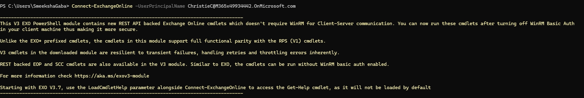 Exchange Online PowerShell session showing an admin connecting to Exchange Online.