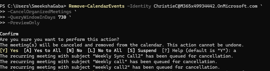 PowerShell output previewing calendar meetings queued for cancellation using Remove‑CalendarEvents