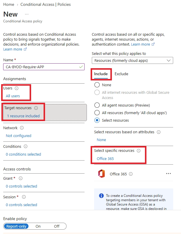 Configure the Conditional Access policy to target all users accessing Office 365 resources.
