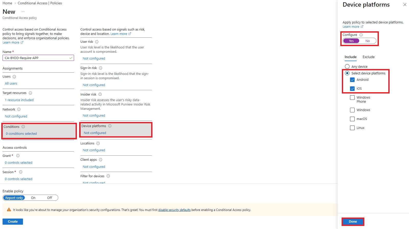 Configure the Conditional Access policy to apply only to Android and iOS device platforms under Conditions > Device platforms.