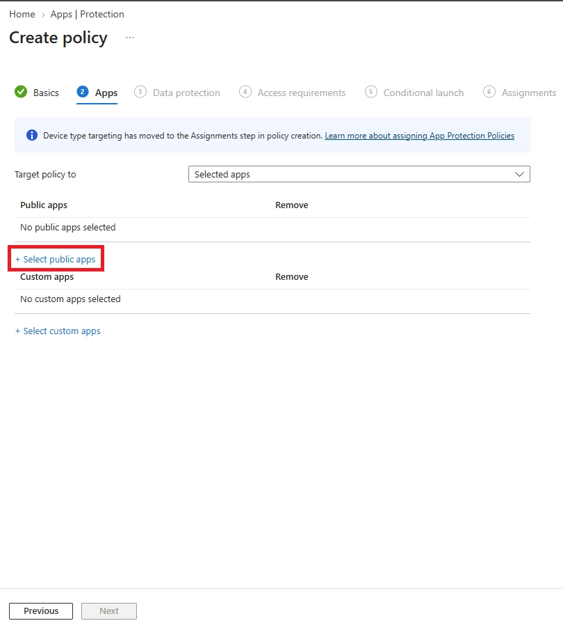 Select Public apps to define which managed applications will be protected by the App Protection policy.