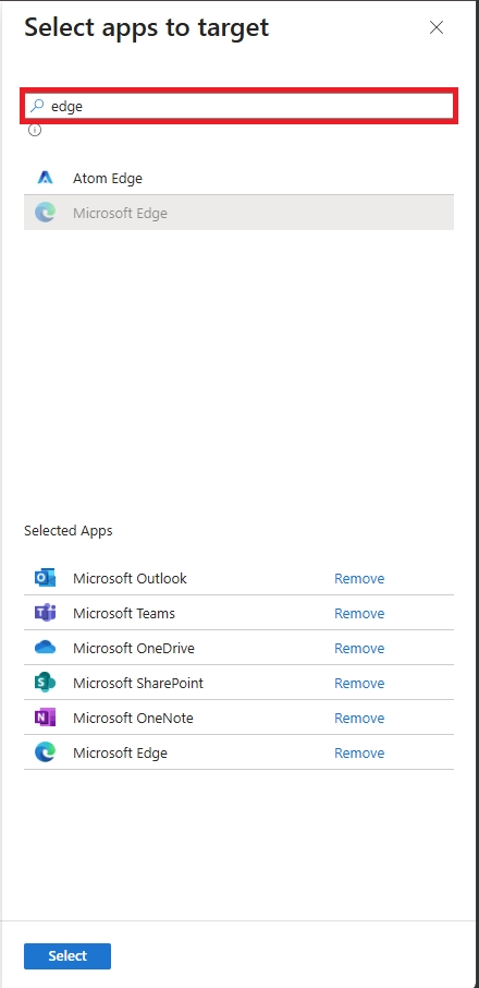 Search for and add Microsoft Edge and other apps to the list of protected applications.