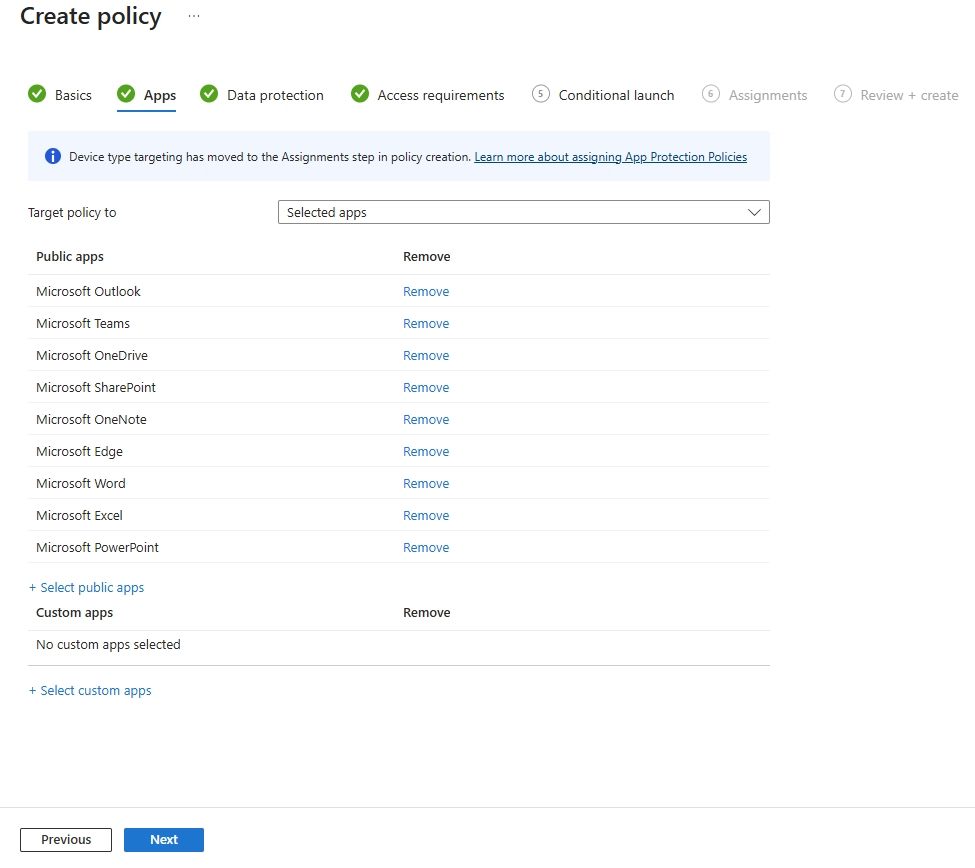 Verify that all required Microsoft 365 apps, including Outlook, Teams, OneDrive, SharePoint, OneNote, Edge, Word, Excel, and PowerPoint, are targeted by the policy.