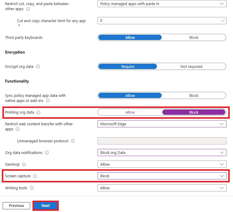 Block printing organizational data and screen capture to strengthen data loss prevention controls.