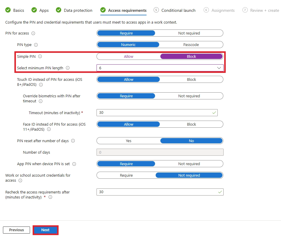 Require a minimum 6-digit PIN and block simple PINs to secure access to protected applications.